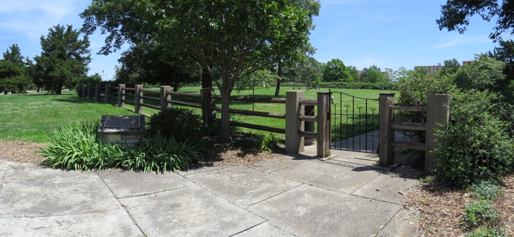 Pioneer Cemetery entrance gate and historical marker